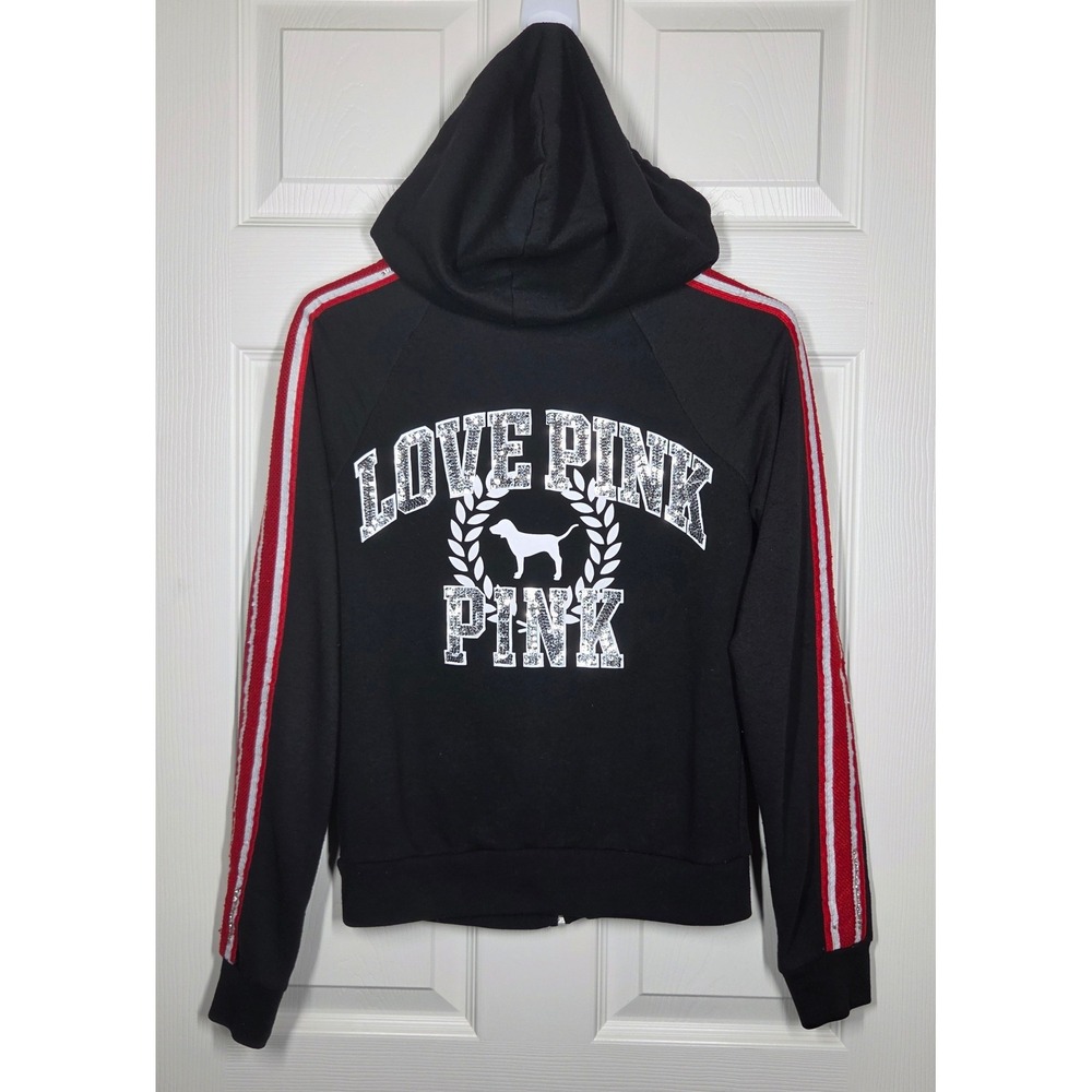 Victoria's Secret PINK Y2K LOVE PINK Sequined Dog Bling Zip Hoodie Black XS Rare - Picture 1 of 10
